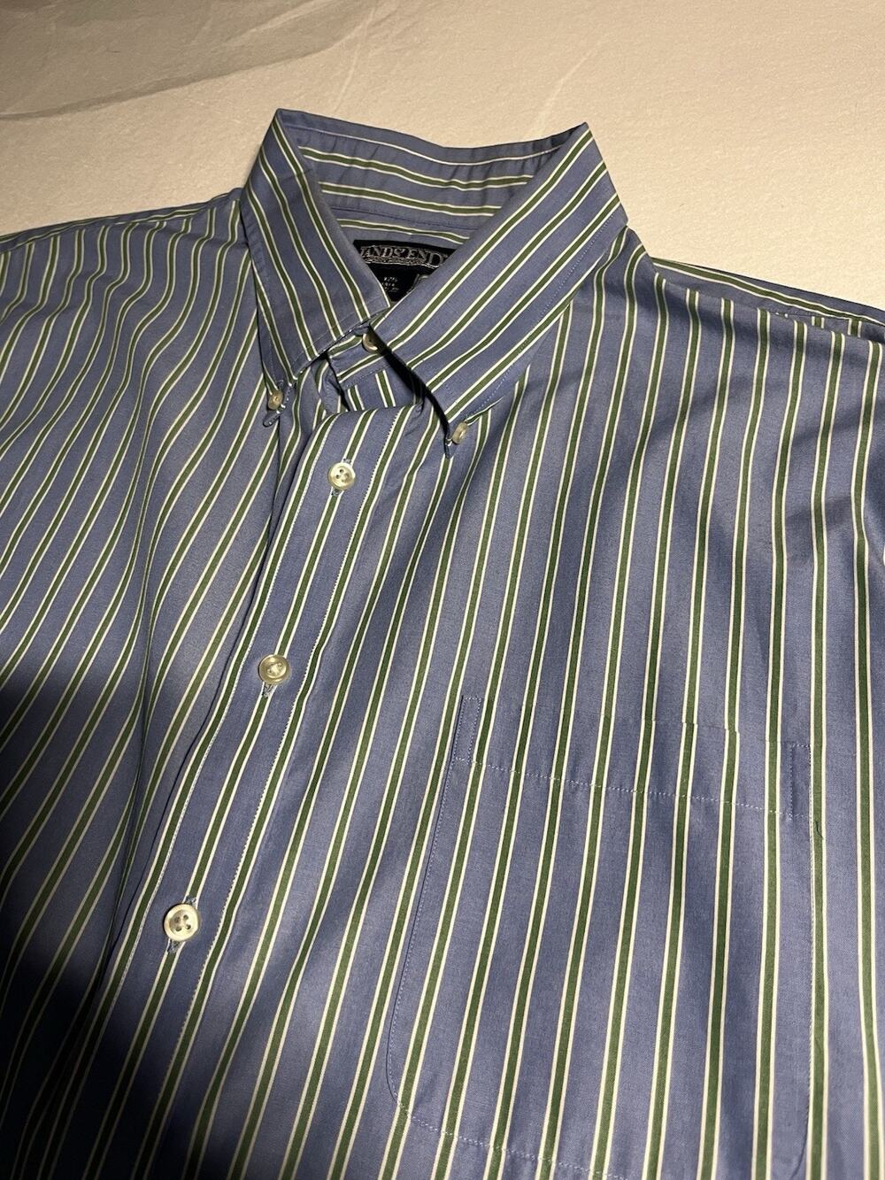 Lands’ End Men’s 17.5 Tall Short Sleeve Button Down Shirt Blue Green Stripe